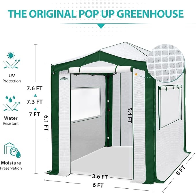 EAGLE PEAK 8x6 Portable Walk in Greenhouse with Polyester Reinforced Corners, Instant Pop Up Indoor Outdoor Gardening Green House, Roll Up Zipper Entry Doors and Mesh Windows, Green/White