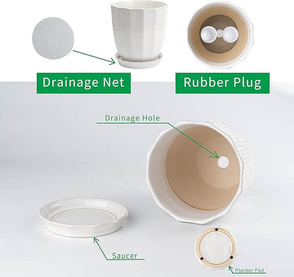 ADN Ceramic Planter - Large Plant Pot Indoor Ceramic Pots for Plants with Drainage Hole and Saucer for Home Decor, White, 8 Inch