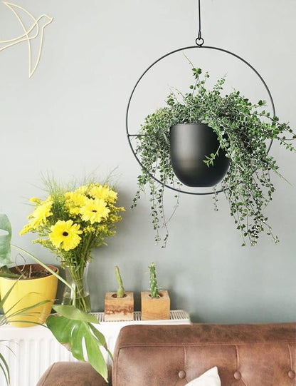 Hanging Planter for Indoor Outdoor Plants Metal Mid Century Minimalist Wall Ceiling Plant Hanger, Hanging Flower Pot Basket Holder for Home Office Décor(Black)
