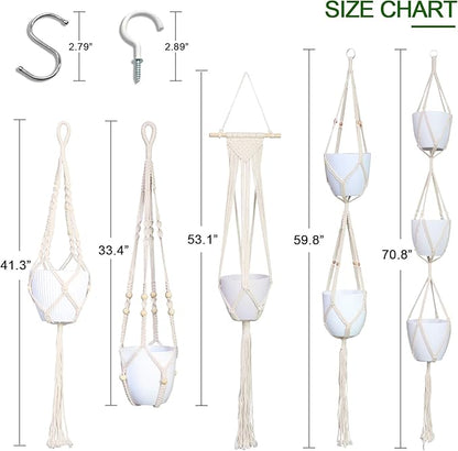 IGaiety Macrame Plant Hanger 5 Pcs Indoor Outdoor Hanging Plant Holders Handmade Plant Hangers Cotton Rope Planters with 5 Pcs Ceiling and S Hooks for Small Plants Pots Boho Home Decor