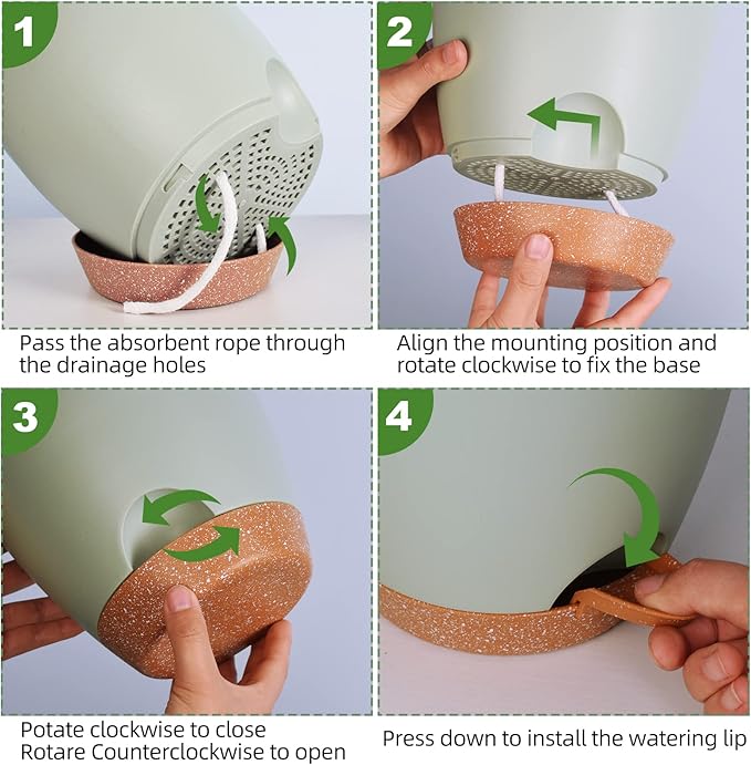 Plant Pots, Self Watering Planters for Indoor Plants with Drainage Hole, Plastic Flower Pot for Succulents, African Violet (Green, 12/10/9)