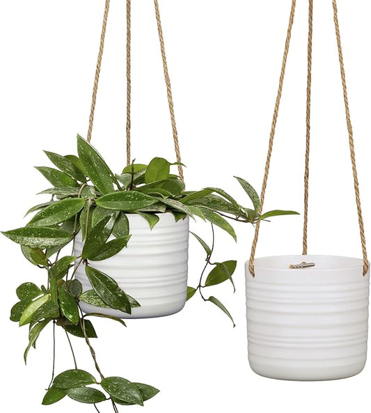 SCHEURICH Set of 2 Soft Whool Cottage Ceramic Hanging Plant Pot 6.5" - with 22" Sisal Rope Hanger - Waterproof&Break-Resistant, for Indoor&Outdoor Plants, Succulents&Flowers - Made in Germany - 0.7 gl