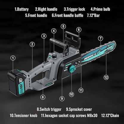20V Brushles Cordless Chainsaw 12-Inch Lightweight Battery Powered Chainsaws Compact Pruning Electric Chainsaw 4.0AH Lithium-ion 2 Kit-Batteries for Wood Cutting,Garden Tree,Branch Pruning