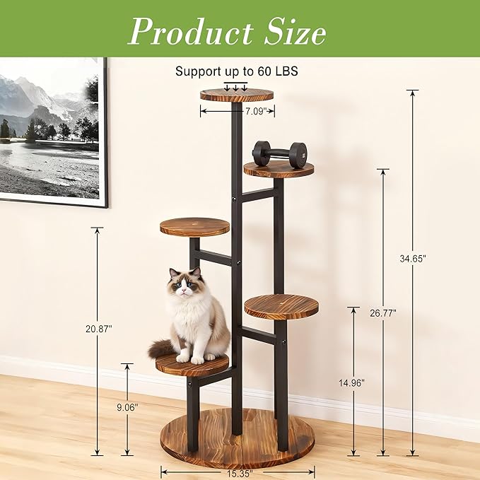 VECELO 5 Tier Plant Stand Indoor Outdoor, Tall Metal Wood Flower Shelf for Multiple Plants, Small Tiered Round Corner Display Rack, Planter Pot Holder for Patio Garden Balcony Living Room Bedroom