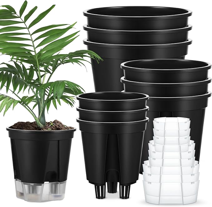 9 Pcs Self Watering Pots for Indoor Plants with Deep Reservoir and High Drainage Holes for Outdoor Plants and Flowers, Bare Root Planter (4.72'',5.91'',7.09'',Black)
