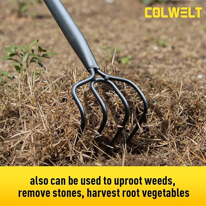 Colwelt 4 Tines Garden Cultivator Rake 59'', Hand Tiller Garden Tool with Sharp Forged Steel Head, Cultivators for Gardening with Long Handle, Garden Tiller for Digging Loosening Weeding