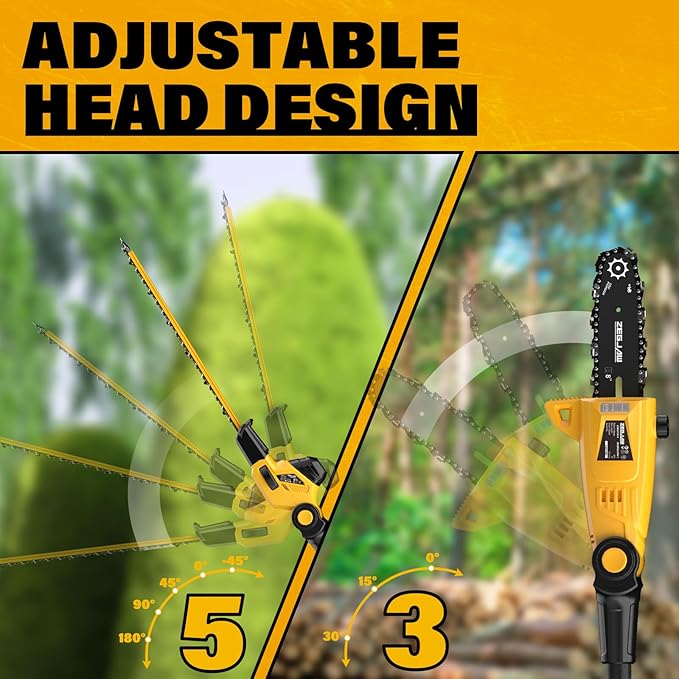 Pole Saw 8-Inch Cordless Tree Trimmer and 18-Inch Pole Hedge Trimmer 2-In-1, 15-Feet Max Reach, Pole Chainsaw, Auto Oiling, with 2x3.0Ah Battery & Charger, for Tree Trimming and Shrubs Pruning