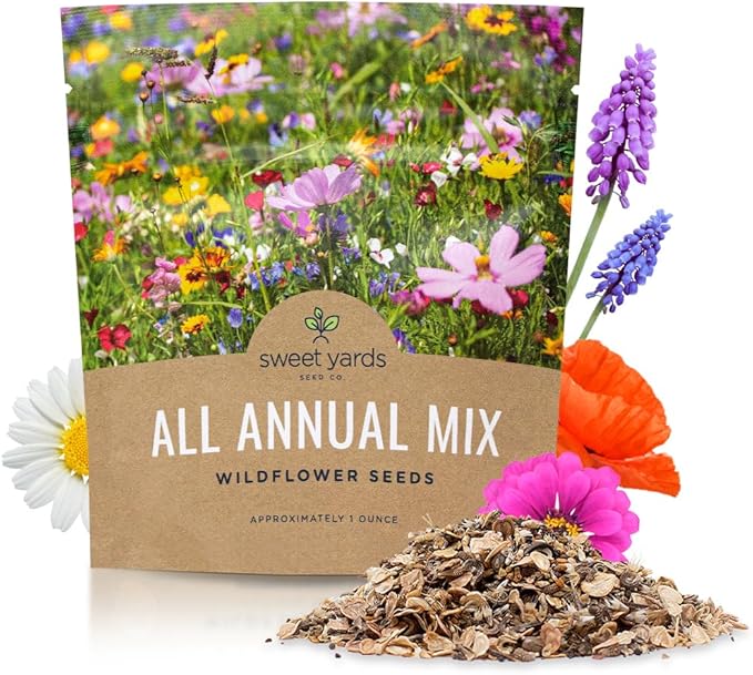 Wildflower Seeds Annual Quick Blooming Mix - Large 1 Ounce Packet Over 7,500 Open Pollinated Seeds