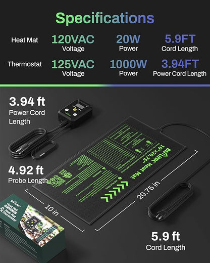 BN-LINK Seedling Heat Mat with Thermostat Controller Combo Set, 10" x 20.75" Plant Heating Mat for Seed Starting with Temperature Control for Indoor Growing, Plants Germination, ETL Listed