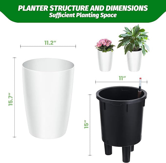 16 in Tall Planters Set of 2, Plant Pots, Self Watering Pots for Indoor Plants, Flower Pots With Built-In Drainage and Visual Water Level Design, for Patio, Porch, Living Room, or Home Office, White