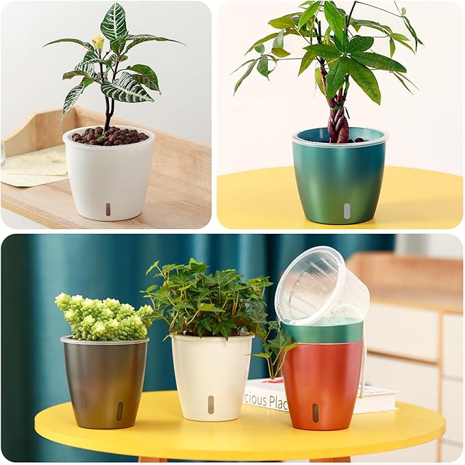Self-Watering Pots for Indoor Plants, 4-Pack 6.7'' Self Watering Planter with Drainage Holes, Small African Violet Pots with Water Indicator, Orchid Pot, White/Grey/Blue/Rose Gold