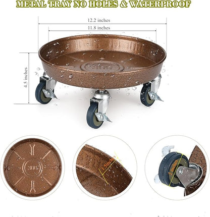 2 Pack Plant Caddy with Wheels, 12" Rolling Plant Stand 265 LBS Heavy Duty Metal Tray No Holes with Large Metal 360° Lockable Caster Wheels for Outdoor Indoor Large Plant Pots, Flower Pot, Patio