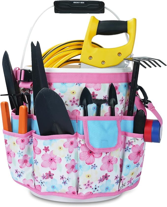 MELOTOUGH Bucket Caddy Organizer Bucket Tool Organizer for Garden Tools Fit 3.5 to 5 Gallon Bucket (Pink Flower)