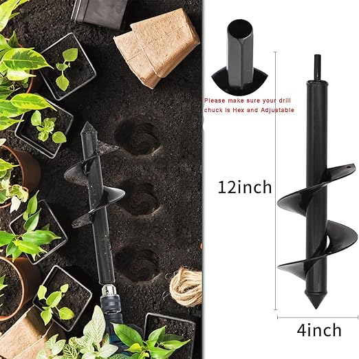 TCBWFY 4"x12"Auger Drill Bit for Planting Digging Holes,Garden Plant Flower Bulb Auger Spiral Hole Drill Rapid Bulb Planter Earth Auger Bit,Compatible to Hex Adjustable Chuck