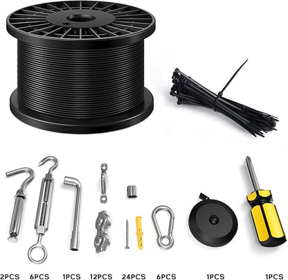 String Light Hanging Kit with Vinyl 400FT Coated Stainless Steel 304 Wire Rope Suspension Kit Included Enough Accessories with Turnbuckles and Hooks for Patio, Garden and Wedding Lighting
