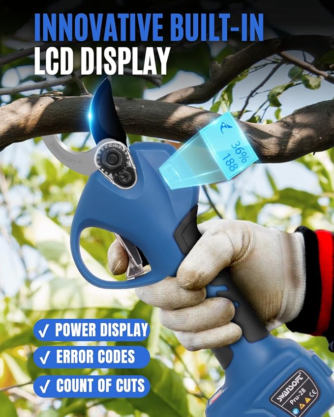 SWANSOFT Electric Pruning Shears, 28mm 1.1'' Cutting Diameter Cordless Electric Pruners Shears Battery Powered, 850W Tree Branch Pruner for Gardening (Black/Blue)