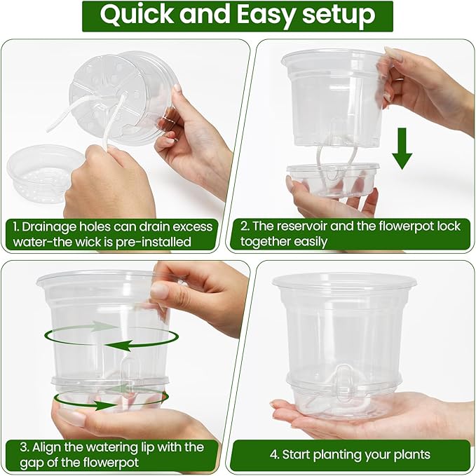 MIXC 12 Packs 5 Inch Self Watering Pots for Indoor Plants - Clear Nursery Plant Pots with Drainage, Deep Visible Reservoir - Flower Planter Outdoor with Wicking Rope