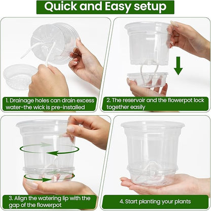 MIXC 12 Packs 5 Inch Self Watering Pots for Indoor Plants - Clear Nursery Plant Pots with Drainage, Deep Visible Reservoir - Flower Planter Outdoor with Wicking Rope