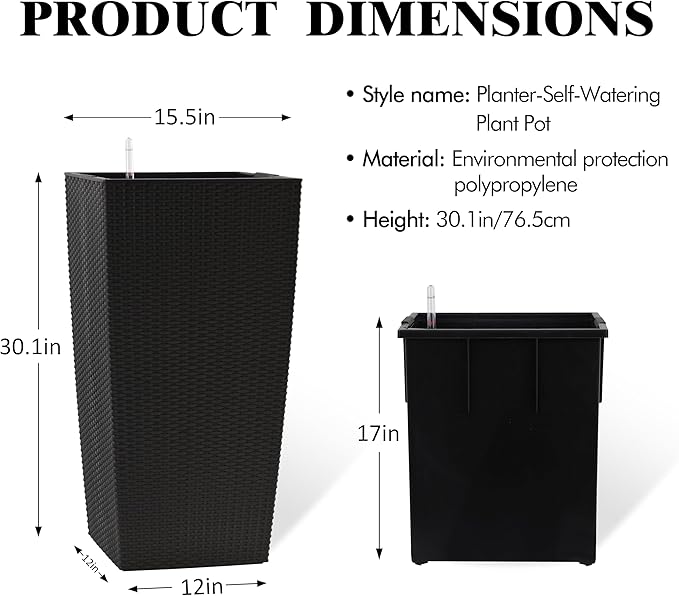 30in Tall Planter, Self Watering Pots for Indoor/Outdoor Plants with Drain Holes, Water Level Monitor, Inner Bucket for Front Porch Patio, Black Large(1 Set)