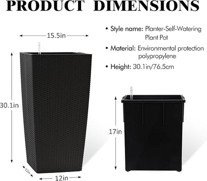 30in Tall Planter, Self Watering Pots for Indoor/Outdoor Plants with Drain Holes, Water Level Monitor, Inner Bucket for Front Porch Patio, Black Large(1 Set)