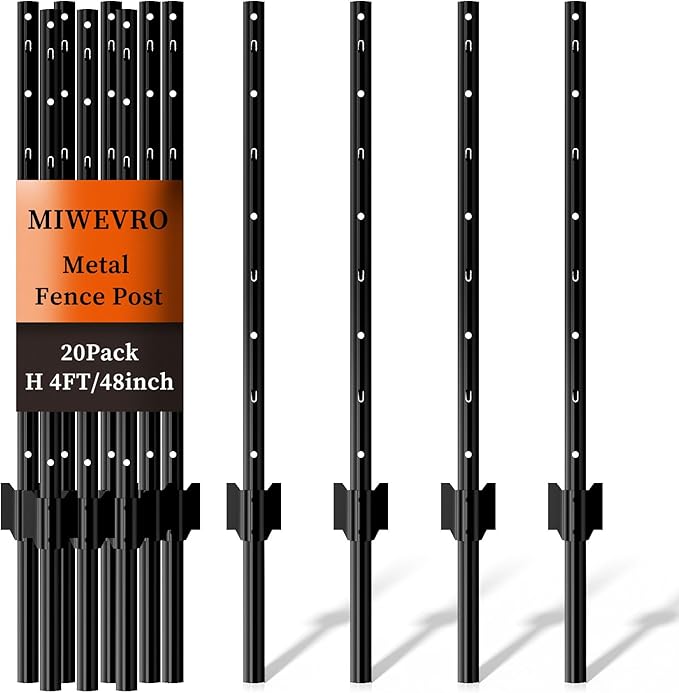 20 Pack Garden Fence Post, 4 Feet Heavy Duty Metal U-Post for Wire Fence, No Dig Garden Fence Stakes for Temporary Fencing, Electric Fence Wire, Corner Anchor, and More-Black