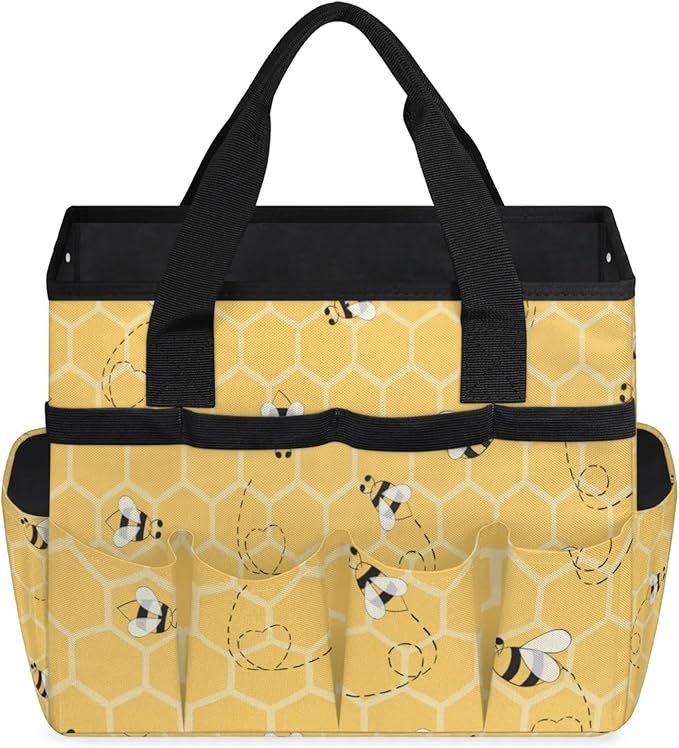 Yellow Bee Gardening Tool Bag,Heavy Duty Garden Tote Bag,Portable Oxford Gardening Storage Basket Organizer Handbag with Pockets Handle,Hand Tools Gifts for Outdoor Garden Lawn Yard