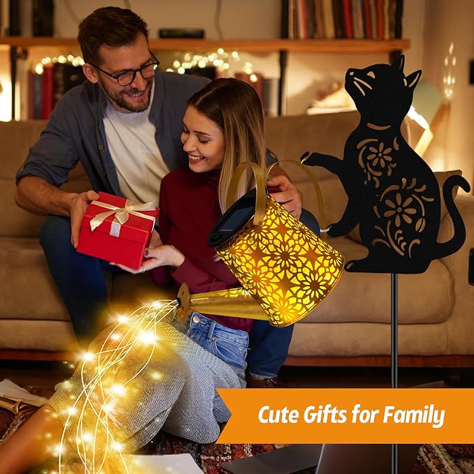 Solar Lights Outdoor, 2 Pack Black Cat Solar Watering Can Lights, Birthday Gifts for Women Mom Cat Lover Mother's Day Christmas, Waterproof Hanging Lantern Garden Decor Outside Patio Yard Pathway