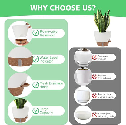 12" 10" 9" 8" Self Watering Pots with Water Level Indicator, Large Plastic Planters Set with Mesh Drainage Hole and Removable Saucer Reservoir, Big Flower Pot for Indoor Outdoor Plants - White