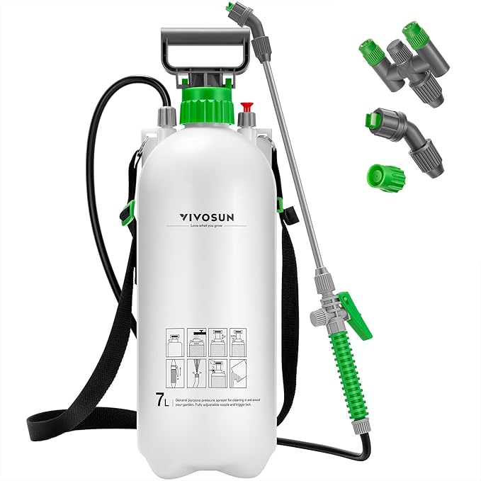 VIVOSUN 1.8 Gal/7L Pump Sprayer, Garden Water Sprayer for Plants, Weeds & Lawn Care, with 3 Nozzles, 50'' Long Hose & Pressure Relief Valve