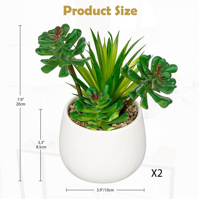 Briful Artificial Succulents Plants in Ceramic Pots, 2 Pack Faux Succulent Set with White Planters – Modern Desk Decor for Home Office Shelf Bathroom, Small Fake Plants Potted