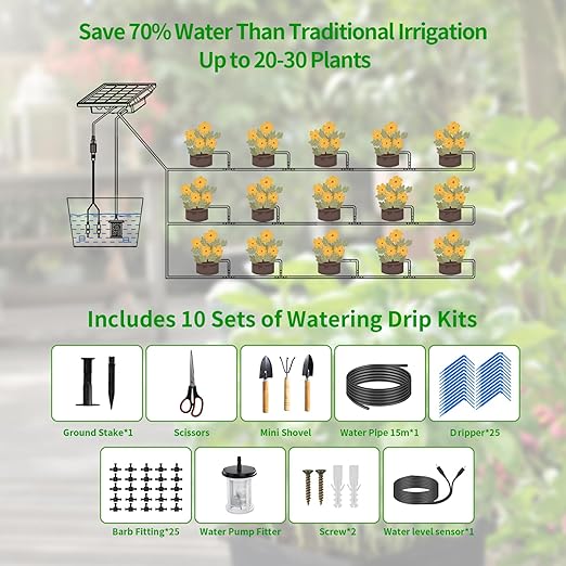 82FT Solar Drip Irrigation System, Auto Watering Kit for 20-30 Pots, Solar-Powered Plant Watering, 25 Timer Modes, 900ml/min Flow Indoor/Outdoor Garden, Balcony & Patio Irrigation System