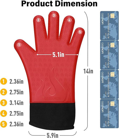 GEEKHOM Silicone Grilling Gloves, Heat Resistant Oven Mitts, BBQ Gloves, Waterproof Non-Slip for Barbecue, Cooking, Baking, Fryer, Red