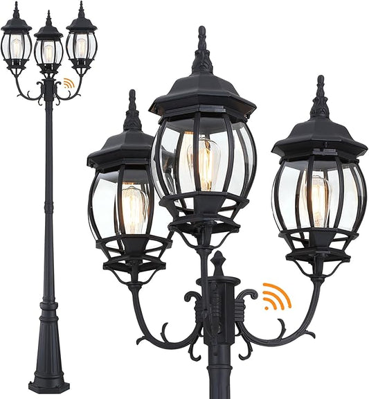 94 Inch Dusk To Dawn 3-Light Lamp Post For Backyard Garden Driveway Outdoor Street Light 94” Three-Head Post Light With Dusk To Dawn Sensor Outside Pole Lights,Aluminium Alloy,Clear Glass Shade,E26