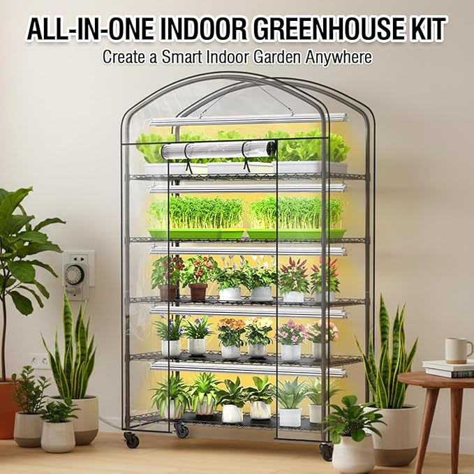5 Tier Metal Plant Stand with Grow Light & PVC Cover Portable Mini Greenhouse with Shelves Adjustable Small Indoor Green House with Grow Light for Indoor Plants, Seedling Rack 49"x21.6"x79"