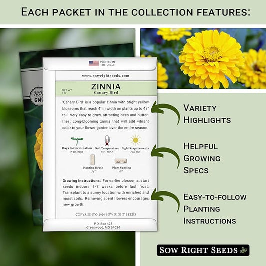 Sow Right Seeds - Classic Zinnia Flower Seeds Collection - Five Packets with Full Instructions for Planting - Luminosa, Canary Bird, Purple Prince, Polar Bear, and Thumbelina - Colorful Annual Blooms