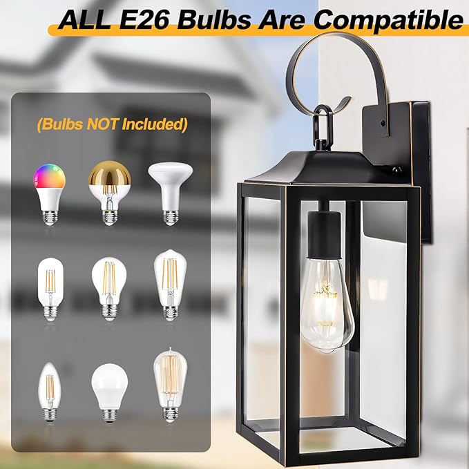 19" Large Outdoor Wall Light, Black Outside Light for House Outdoor Sconce Wall Lighting Fixture, Farmhouse Exterior Wall Mount Lantern for Porch, Waterproof Glass Patio Lamp, Black with Gold Trim