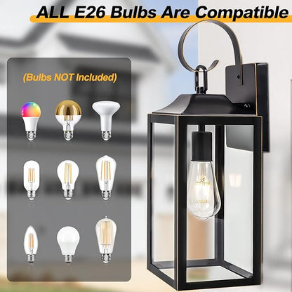 19" Large Outdoor Wall Light, Black Outside Light for House Outdoor Sconce Wall Lighting Fixture, Farmhouse Exterior Wall Mount Lantern for Porch, Waterproof Glass Patio Lamp, Black with Gold Trim