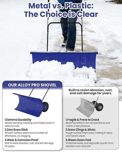 36” Snow Shovel for Driveway,Heavy Duty Wheeled Rolling Shovels 5 Position Angled Blade, Ergonomic Handle & Rubber Wheels for Efficient Snow Removal, Snow Plow for Doorway,Driveway and Sidewalks