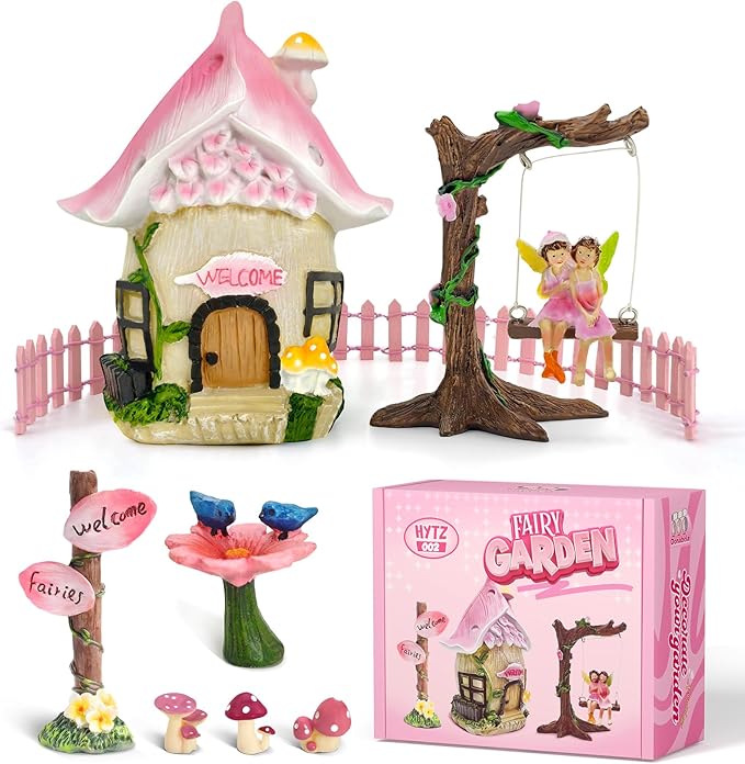 DONABELA Fairy Garden Decor Kit Pink Resin Miniature House Figurines Set Swing Directional Sign Bird Drinking Pool Fence Little Mushroom Outdoor Tiny Accessories Supplies