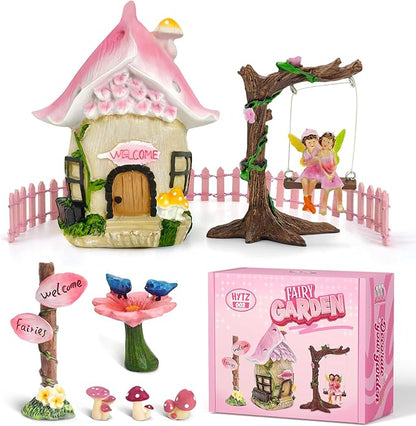 DONABELA Fairy Garden Decor Kit Pink Resin Miniature House Figurines Set Swing Directional Sign Bird Drinking Pool Fence Little Mushroom Outdoor Tiny Accessories Supplies