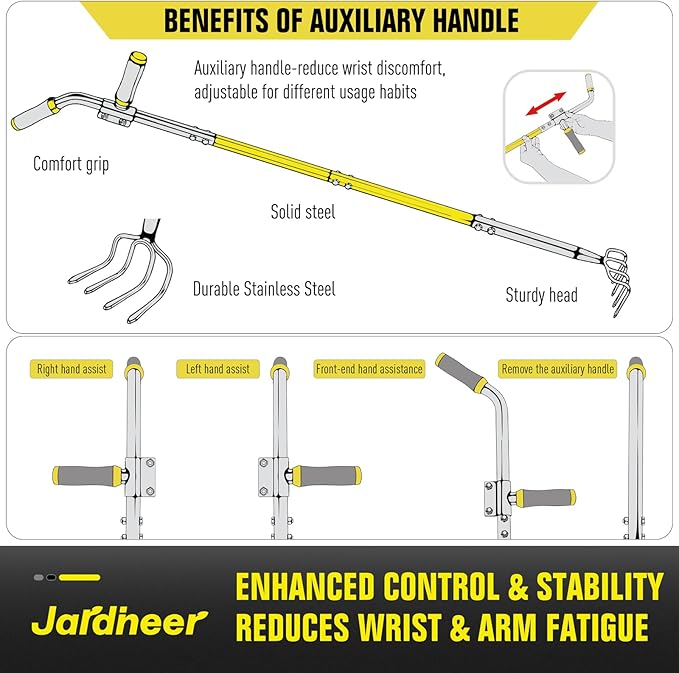 Jardineer 4-Tine Cultivator Rake with Auxiliary Handle, Garden Cultivator Long Handle, Hand Tiller Tool for Gardening Digging Loosening Weeding