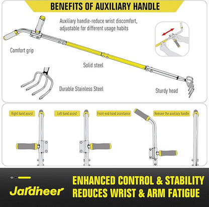 Jardineer 4-Tine Cultivator Rake with Auxiliary Handle, Garden Cultivator Long Handle, Hand Tiller Tool for Gardening Digging Loosening Weeding