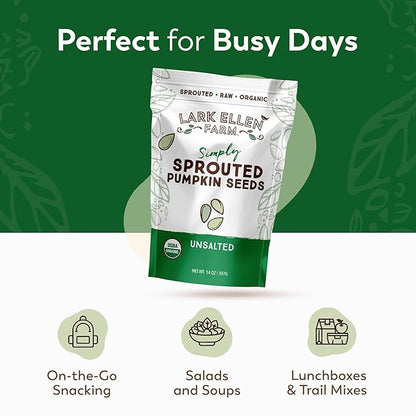 Lark Ellen Farm Sprouted Organic Pumpkin Seeds – Raw, Unsalted, Air-Dried Pepitas for Snacking, Salads, Trail Mix – USDA Organic, Non-GMO, Vegan, Gluten-Free, Resealable Bag (14 oz, 1 Pack)