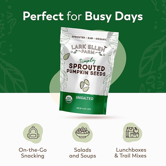 Lark Ellen Farm Sprouted Organic Pumpkin Seeds – Raw, Unsalted, Air-Dried Pepitas for Snacking, Salads, Trail Mix – USDA Organic, Non-GMO, Vegan, Gluten-Free, Resealable Bag (14 oz, 6-Pack)