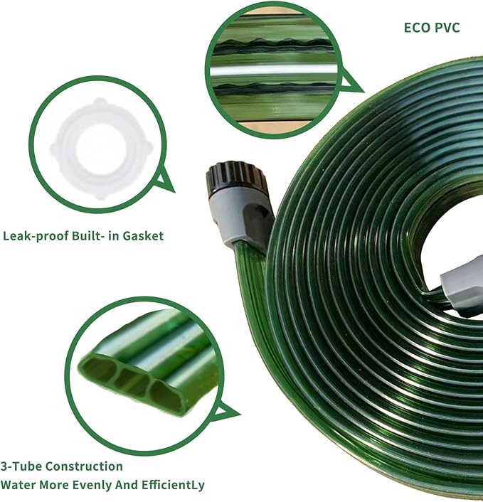 50 FT Flat Sprinkler Hose for Lawn Watering Garden Soaker Hose with Holes, Heavy Duty Lightweight No-Kink Water Hose with Stakes, Irrigation Hose, Great Fun for Kids and Dog