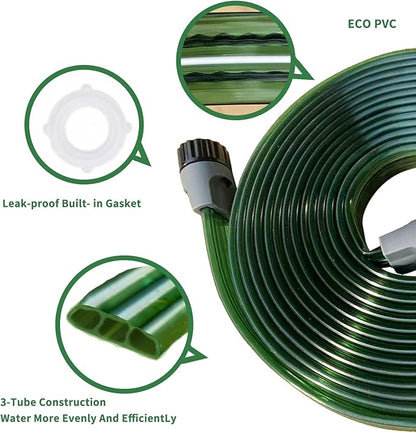 150 FT (50FT*3) Flat Sprinkler Hose for Lawn Watering Garden Soaker Hose with Holes, Heavy Duty Lightweight No-Kink Water Hose with Stakes, Irrigation Hose, Great Fun for Kids and Dog