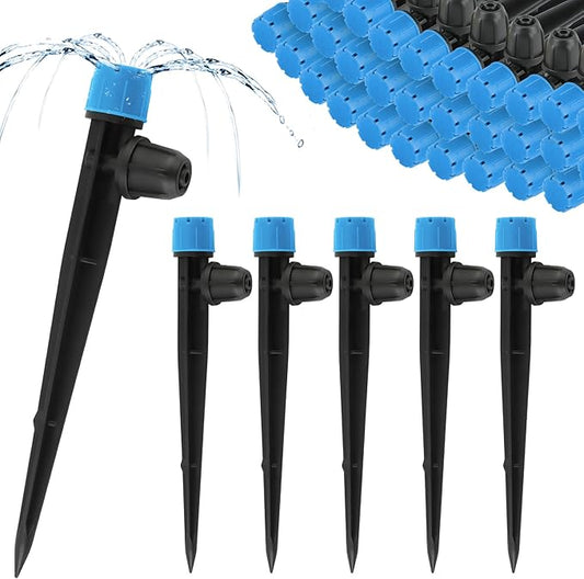 50PCS 1/4” Drip Irrigation Drippers with Lock, Kalolary Drip Irrigation Emitters for 4/7mm Tube, Adjustable 360 Degree 8 Holes Water Flow Sprayer Micro Spray Drip System Parts for Lawn Yard (Blue)