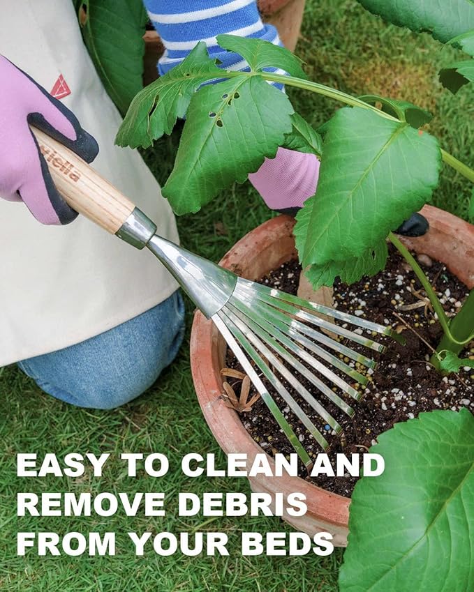 Hand Cultivator with 9-Teeth Rake - 14.4 Inch for Garden Bed Cultivating Soil, Weeding, Raking Leaves, Levelling Gravel - Solid Wood Handle