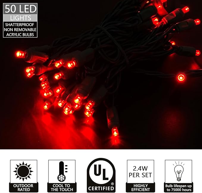 UL Listed 50 Count 5mm Red Led Lights,Outdoor Led String Lights For Garden Tree Decorations,17 Feet Green Wire (Red Color)