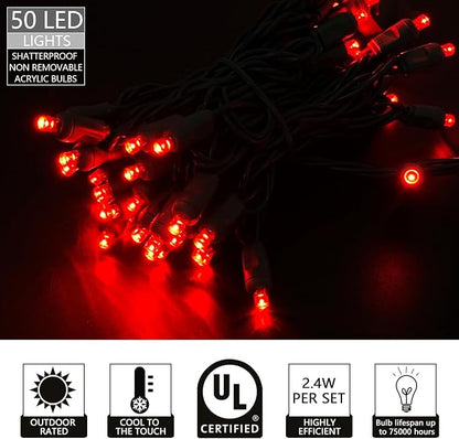 UL Listed 50 Count 5mm Red Led Lights,Outdoor Led String Lights For Garden Tree Decorations,17 Feet Green Wire (Red Color)